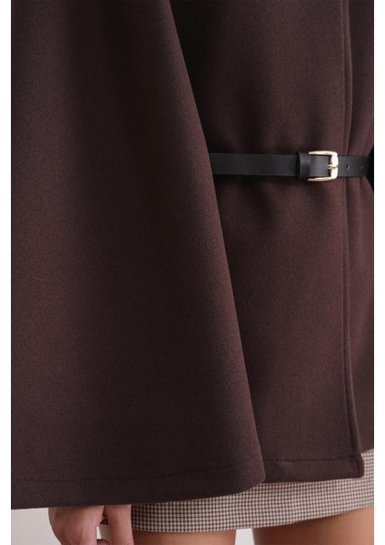 4768 Kadın Kemerli Panço Premium Kaşe Ceket Kahve