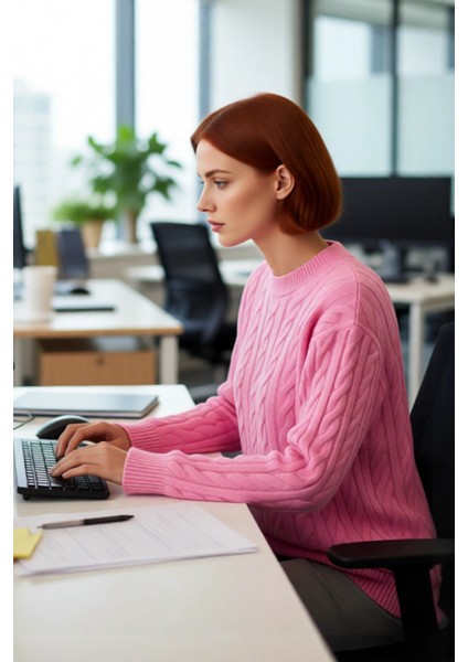 Rahat Şık Kadın Regular Kalıp Saç Örgü Triko Kazak Bisiklet Yaka Uzun Kollu Günlük Kombin Kaliteli