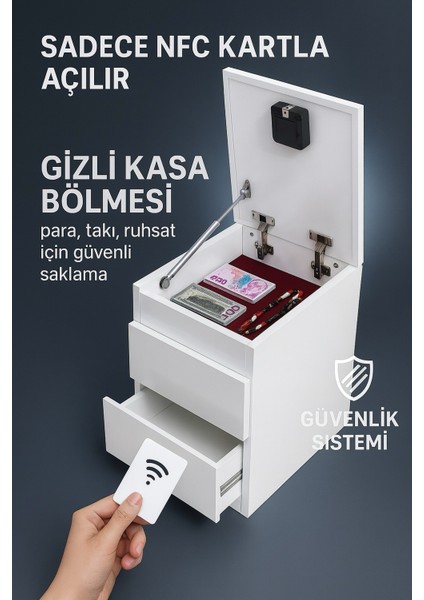 NFC Akıllı Kilitli Kartlı Gizli Bölmeli Kasa Komodin -%100 MDF – Para, Takı ve Tabanca Saklama Mobilyası (Kurulu Gönderilir )