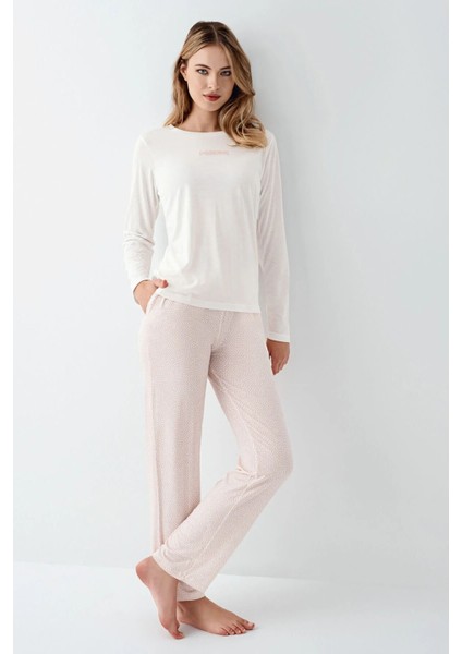 3417B Kadın Beyaz Uzun Kollu Bisiklet Yaka Battal Pijama Takımı