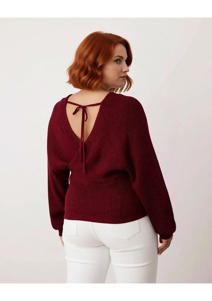 Kadın Regular Fit Selanik Dokuma Kruvaze Triko Kazak V Yaka Uzun Kol Bağlamalı Kışlık Günlük Şık modelleri