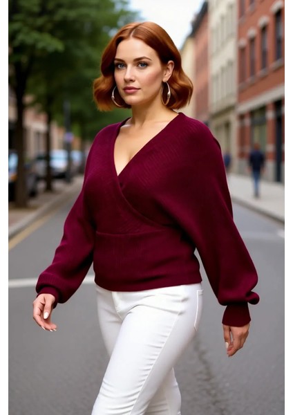Kadın Regular Fit Selanik Dokuma Kruvaze Triko Kazak V Yaka Uzun Kol Bağlamalı Kışlık Günlük Şık fırsatları