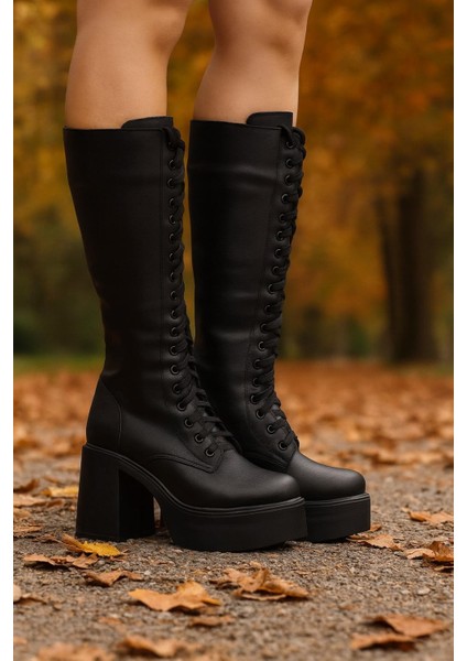 Kadın Bağcıklı Platform Topuklu Uzun Çizme modelleri