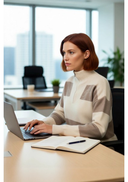 Kadın Dik Yaka Fermuarlı Oversize Çizgili Düşük Kollu Triko Kazak Günlük Şıklık ve Sıcaklık