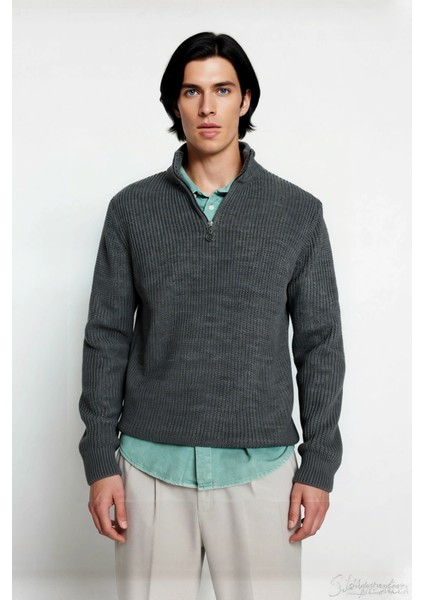 Erkek Basic Regular Fit Fermuarlı Dik Yaka Selanik Örgü Triko Kazak Günlük Stilinize Modern Dokunuş. fiyatları