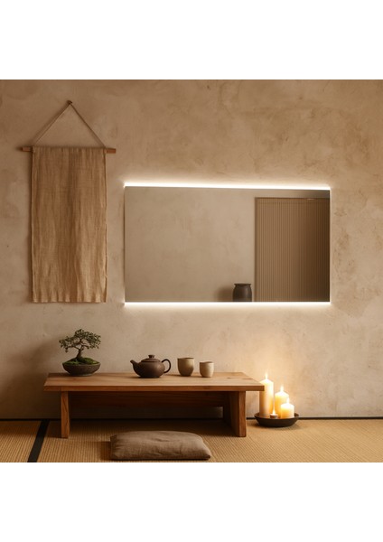 Minimal Çizgi LED Işıklı Dikdörtgen Ayna – Japandi Tarz Modern Duvar & Banyo Aynası modelleri