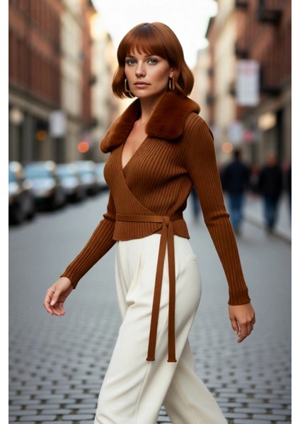 Kadın Akrilik Triko Crop Kazak Fitted Bağcıklı Tasarım Kürklü Yaka Detayı ile Soğuklara Meydan fırsatları