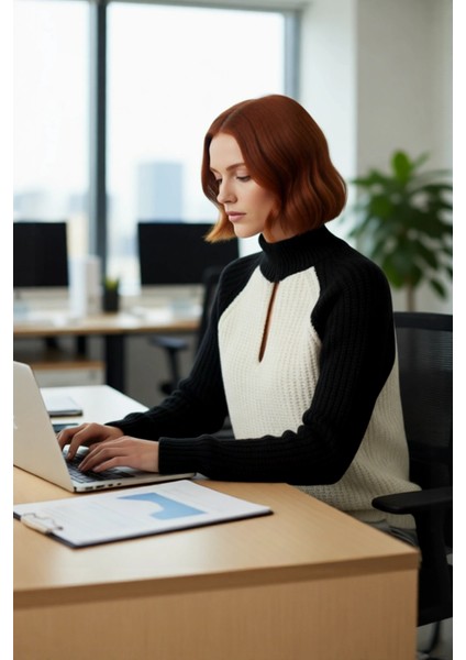 Kadınlara Özel Oversize Kesim Fermuarlı Dik Yaka Selanik Dokulu Renk Bloklu Triko Kazak. Kaliteli