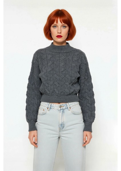 Kadın Basic Oversize Saç Örgü Dik Yaka Crop Triko Kazak Soğuk Havalar Için Modern Stil Kaliteli fiyatları