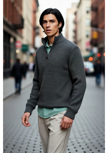 Erkek Basic Regular Fit Fermuarlı Dik Yaka Selanik Örgü Triko Kazak Günlük Stilinize Modern Dokunuş. fırsatları