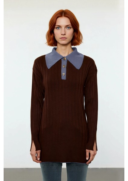 Kadın Dokulu Fitilli Triko Kazak Polo Yaka Düşük Kollu Akrilik Kışlık Casual Giyim Kaliteli fiyatları