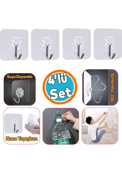 Yapışkanlı Banyo Lavabo Mutfak Askısı Şeffaf Plastik Asma Iz Bırakmaz 4 Adetli Set Nano Yeni Nesil