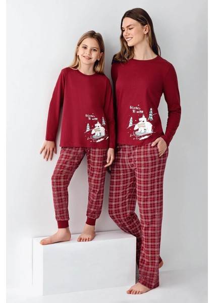 3445 Kadın Bordo Uzun Kollu Kış Temalı Pijama Takımı fırsatları