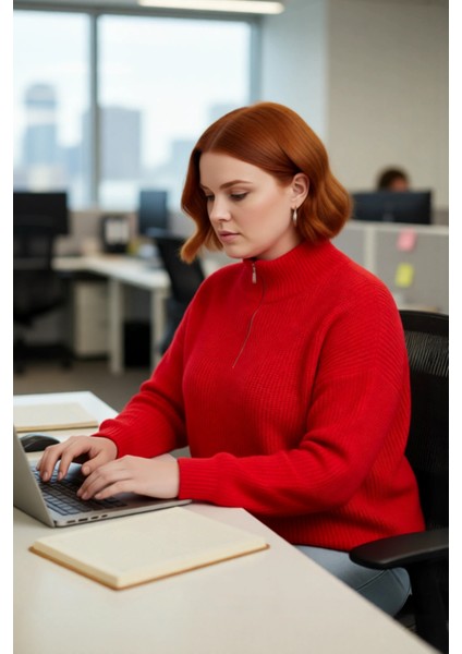 Kadın Casual Ortam Uzun Kollu Selanik Dokuma Regular Kalıp Fermuarlı Dik Yaka Triko Kazak Kaliteli