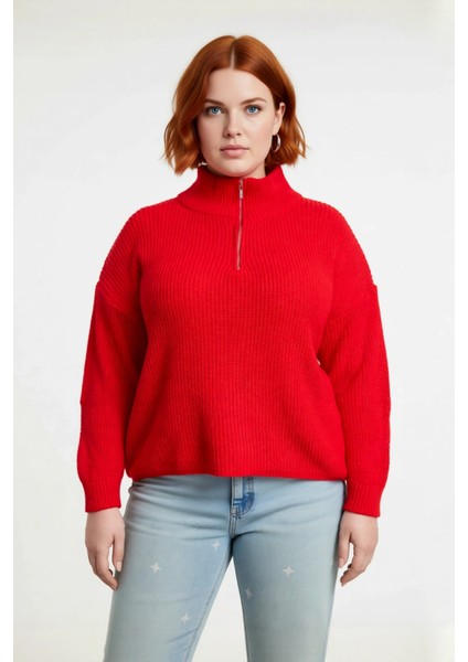 Kadın Casual Ortam Uzun Kollu Selanik Dokuma Regular Kalıp Fermuarlı Dik Yaka Triko Kazak Kaliteli fiyatları