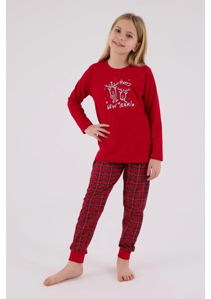 3514G Kız Çocuk Kırmızı Uzun Kollu Kış Temalı Garson Pijama Takımı fiyatları