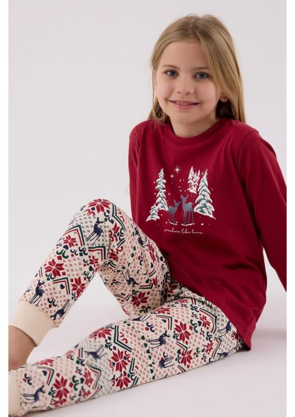 3452G Kız Çocuk Kırmızı Uzun Kollu Kış Temalı Garson Pijama Takımı