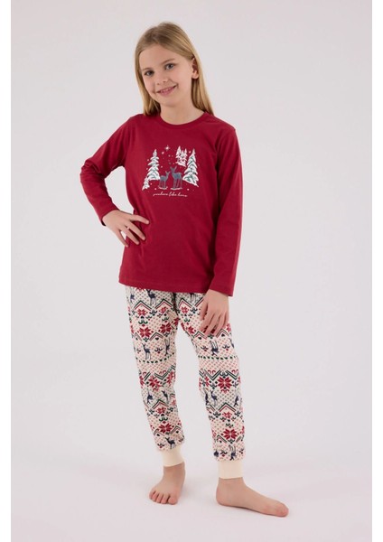3452G Kız Çocuk Kırmızı Uzun Kollu Kış Temalı Garson Pijama Takımı modelleri