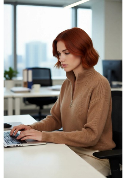 Kadın Oversize Rahat Kesim Düşük Kol Fermuarlı Dik Yaka Triko Selanik Örgü Uzun Kollu Kazak