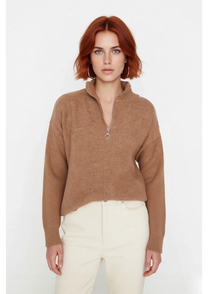 Kadın Oversize Rahat Kesim Düşük Kol Fermuarlı Dik Yaka Triko Selanik Örgü Uzun Kollu Kazak fiyatları