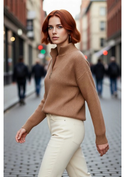 Kadın Oversize Rahat Kesim Düşük Kol Fermuarlı Dik Yaka Triko Selanik Örgü Uzun Kollu Kazak fırsatları