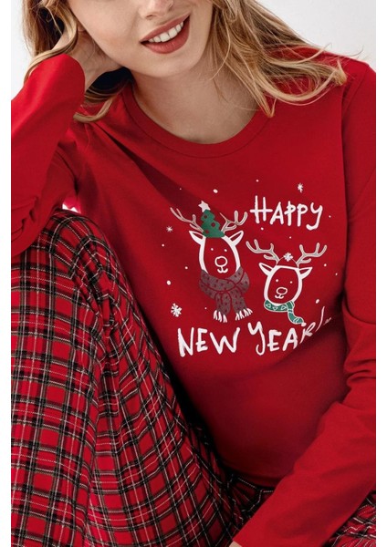 3514 Kadın Kırmızı Uzun Kollu Kış Temalı Pijama Takımı fırsatları