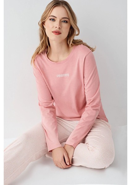 3417 Kadın Pembe Uzun Kollu Bisiklet Yaka Pijama Takımı