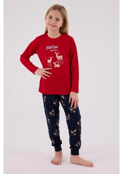 3450C Kız Çocuk Kırmızı Uzun Kollu Kış Temalı Pijama Takımı