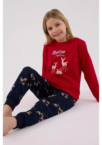3450C Kız Çocuk Kırmızı Uzun Kollu Kış Temalı Pijama Takımı fiyatları