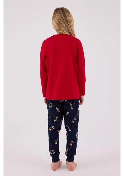 3450C Kız Çocuk Kırmızı Uzun Kollu Kış Temalı Pijama Takımı modelleri
