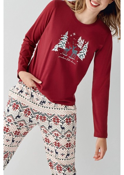 3452 Kadın Kırmızı Uzun Kollu Kış Temalı Pijama Takımı fırsatları