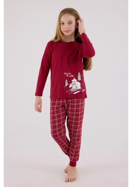 3445G Kız Çocuk Bordo Uzun Kollu Kış Temalı Garson Pijama Takımı