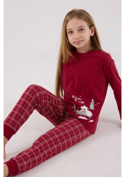 3445G Kız Çocuk Bordo Uzun Kollu Kış Temalı Garson Pijama Takımı fiyatları