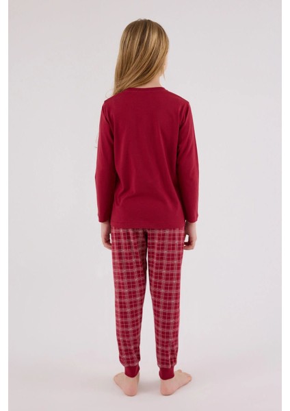 3445C Kız Çocuk Bordo Uzun Kollu Kış Temalı Pijama Takımı modelleri