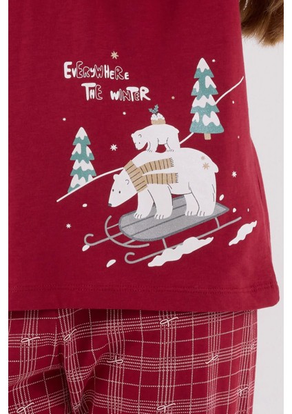 3445C Kız Çocuk Bordo Uzun Kollu Kış Temalı Pijama Takımı fırsatları