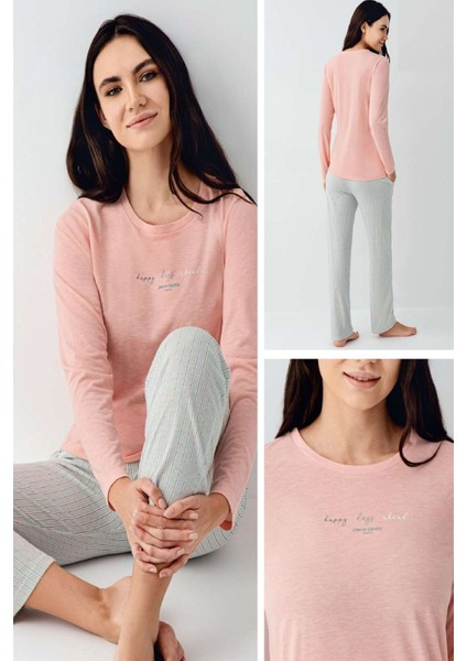 9050 Kadın Somon Uzun Kollu Yuvarlak Yaka Pijama Takımı