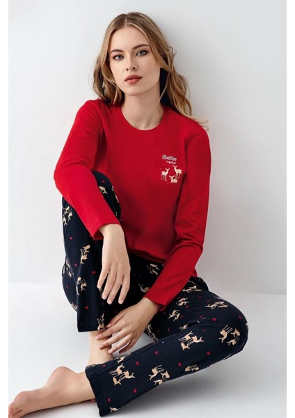 3450 Kadın Kırmızı Uzun Kollu Kış Temalı Pijama Takımı fiyatları