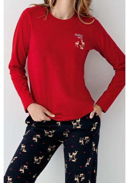 3450 Kadın Kırmızı Uzun Kollu Kış Temalı Pijama Takımı modelleri