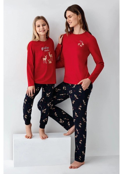 3450 Kadın Kırmızı Uzun Kollu Kış Temalı Pijama Takımı fırsatları