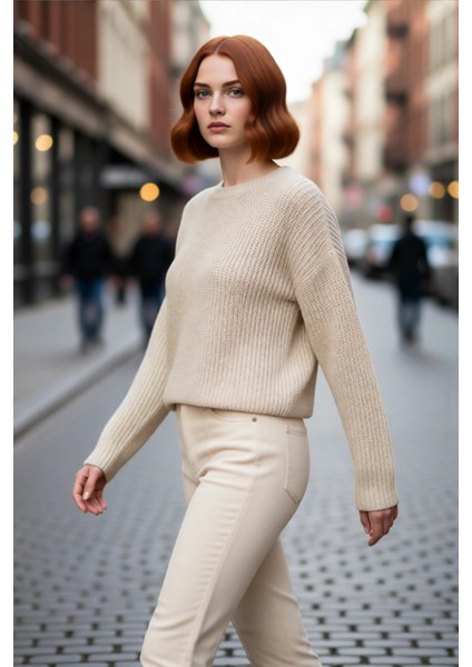 Kadın Crop Boy Akrilik Triko Kazak Bisiklet Yaka Geniş Kalıp Çizgili Soğuk Havalara Uygun Kaliteli fırsatları