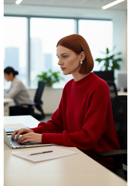 Kadın Salaş Oversize Balon Kol Bisiklet Yaka Selanik Dokuma Uzun Kollu Triko Kazak 100% Akrilik