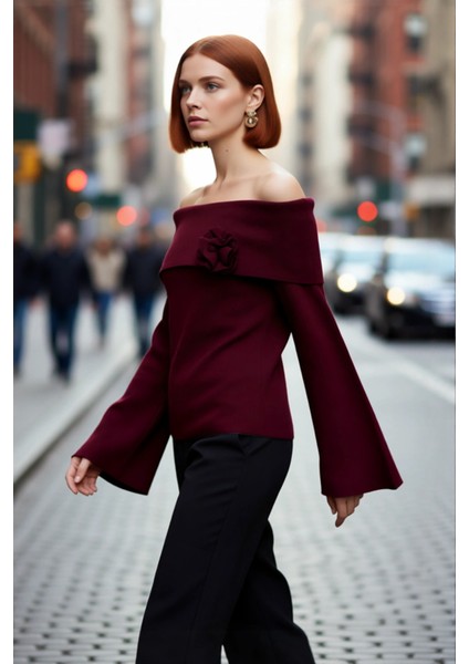 Kadın Rahat Kesim Carmen Yaka Gül Detaylı Triko Kazak Şık Basic Çan Kol Tasarımı Ile Konfor fırsatları