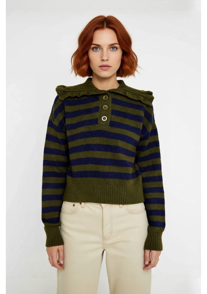 Kadın Casual Crop Regular Kalıp Triko Kazak Devrik Yaka Çizgili Düşük Kollu Soğuk Havalar Için fiyatları
