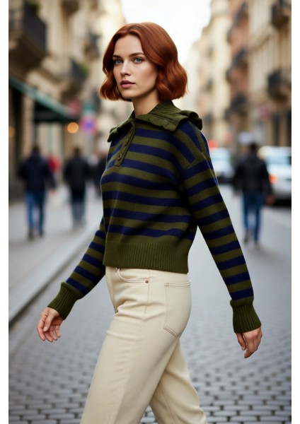 Kadın Casual Crop Regular Kalıp Triko Kazak Devrik Yaka Çizgili Düşük Kollu Soğuk Havalar Için fırsatları