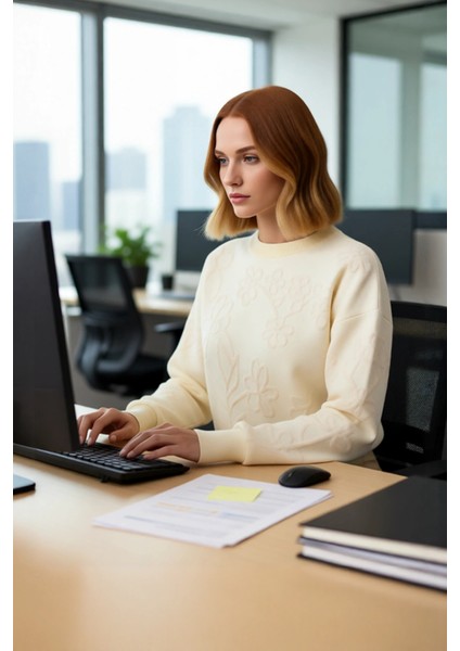 Kadın Ekru Desenli Düşük Kol Bisiklet Yaka Regular Kalıp Triko Kazak Soğuk Havalarda Konfor