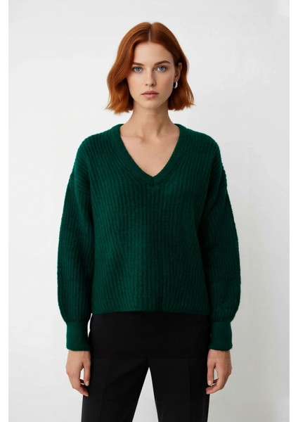 Kadın Gri Oversize V Yaka Triko Kazak Günlük Kullanım Için Ideal Fitilli Dokuma Rahatlık Sunar fiyatları