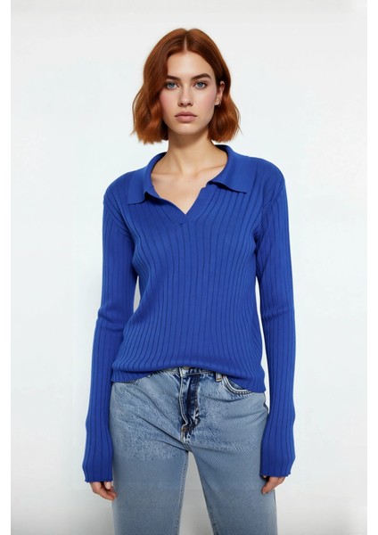 Kadınlar Için Uzun Kollu Regular Fitilli Triko Kazak Polo Yaka Detaylı Kışlık Şık Görünüm Kaliteli fiyatları