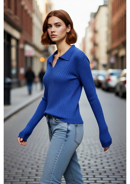 Kadınlar Için Uzun Kollu Regular Fitilli Triko Kazak Polo Yaka Detaylı Kışlık Şık Görünüm Kaliteli fırsatları