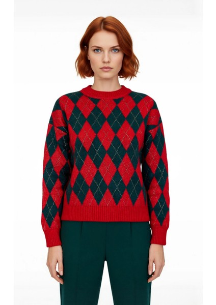 Kadın Cool Comfort Baklava Desenli Kışlık Triko Oversize Uzun Düşük Kollu Bisiklet Yaka Kazak