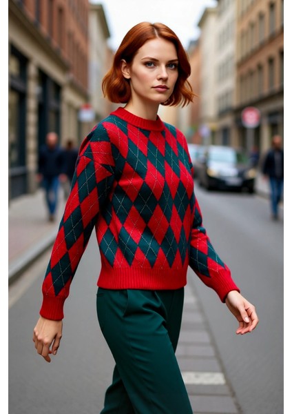 Kadın Cool Comfort Baklava Desenli Kışlık Triko Oversize Uzun Düşük Kollu Bisiklet Yaka Kazak modelleri